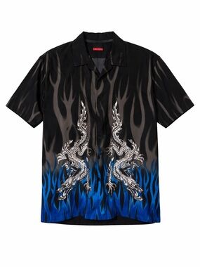 Men’s XL C-TWO Dragon Flame Button Up Shirt Black Blue Y2K Streetwear Hawaiian